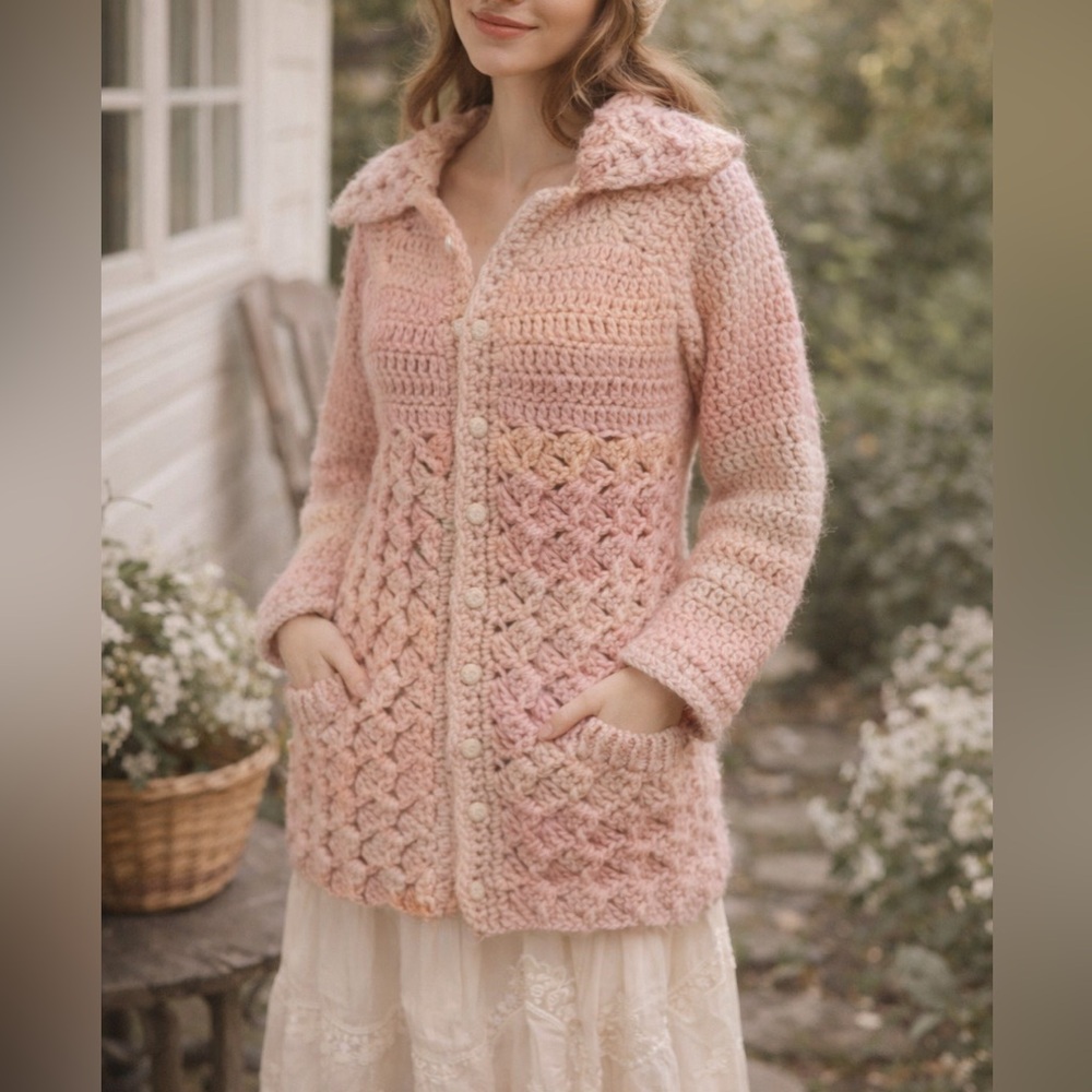Handmade Button-Front Crochet Cardigan – Soft Pink Ombre – Approx Size XS Petite